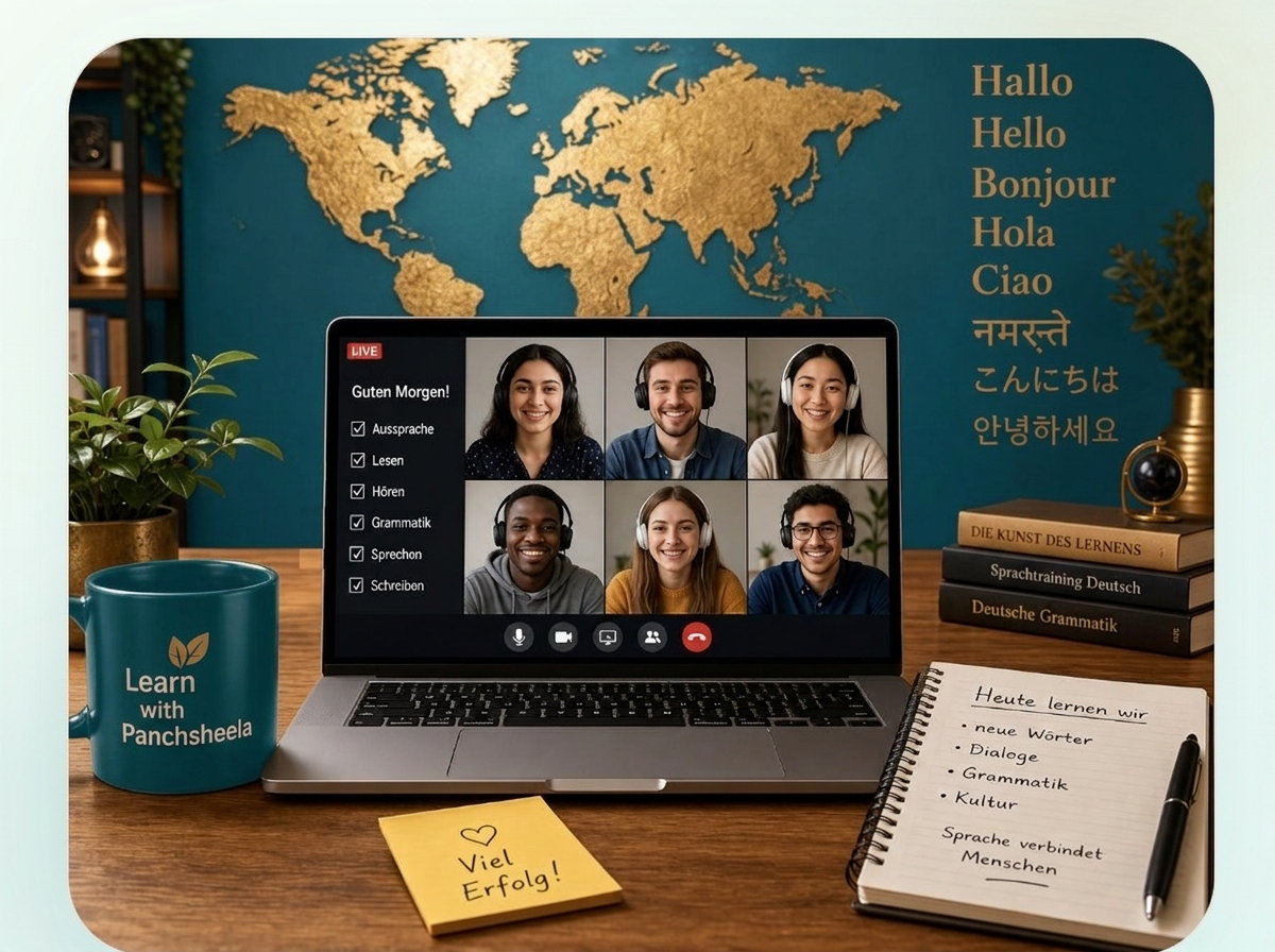Live online German class on a laptop with international students, a Learn with Panchsheela mug and a gold world map mural with greetings Hallo, Hello, Bonjour, Hola, Ciao, नमस्ते, こんにちは, 안녕하세요
